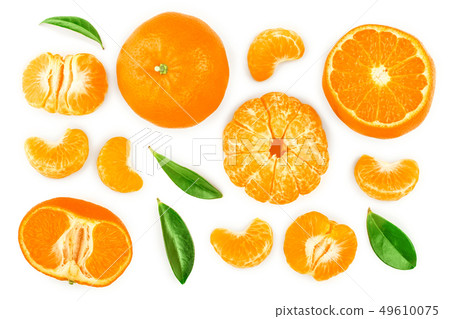 tangerine or mandarin with leaves isolated on white background. Top view. Flat lay 49610075