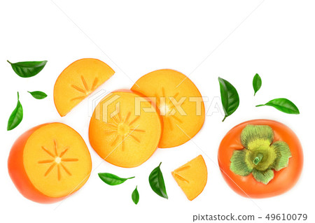 persimmon slice with leaves isolated on white background with copy space for your text. Top view persimmon slice with leaves isolated on white background with copy space for your text. Top view 49610079
