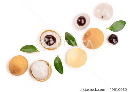 Fresh longan fruit with leaves isolated on white background. Top view. Flat lay 49610080