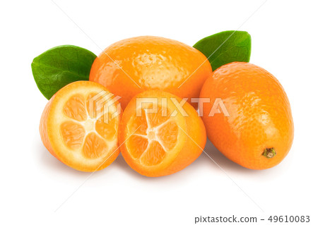 Cumquat or kumquat with half isolated on white background Cumquat or kumquat with half isolated on white background 49610083