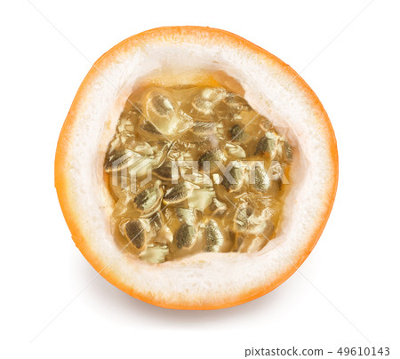 Granadilla or yellow passion fruit half isolated on white background Granadilla or yellow passion fruit half isolated on white background 49610143