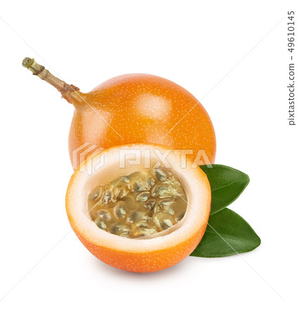 Granadilla or yellow passion fruit with leaf isolated on white background 49610145