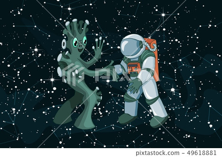 Cartoon alien meeting and handshake in space on dark starfield background Cartoon alien meeting and handshake in space on dark starfield background 49618881