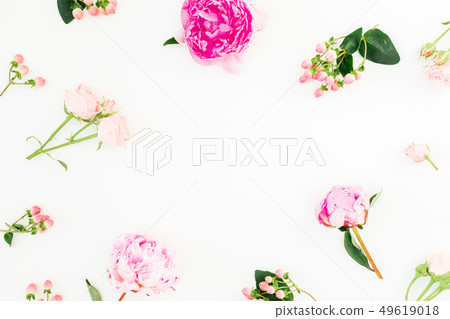 Floral frame with pink peonies, hypericum and rose Floral frame with pink peonies, hypericum and rose 49619018