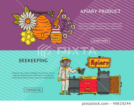 Beekeeping banner, apiary and beekeeper in protective suit vector illustration. Man with equipment 49619244
