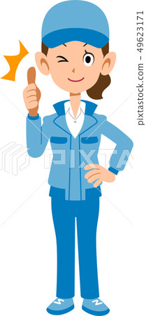 Woman in blue workwear to thumb up 49623171