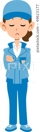 Woman in blue work clothes thinking 49623177