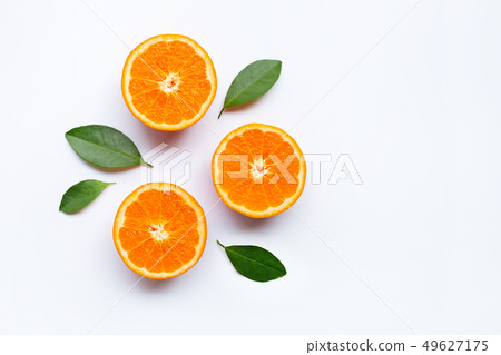 Fresh orange citrus fruits with leaves on white 49627175