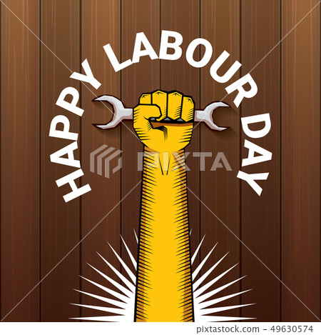 Happy labour day vector label with strong orange fist on wooden background. vector happy labor day 49630574