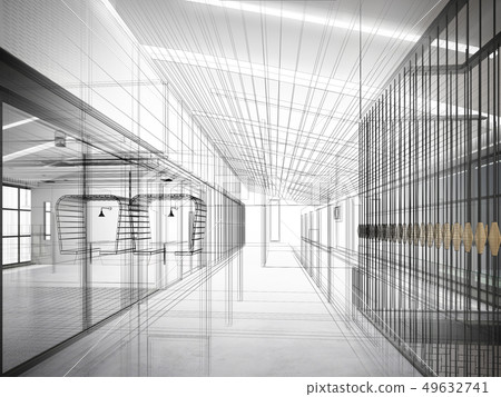sketch design of interior hall, 3d rendering - Stock Illustration ...