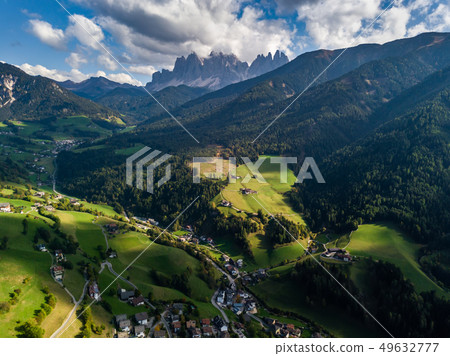 Santa Maddalena village in front of the Geisler, Val di Funes, Italy, Europe. Santa Maddalena village in front of the Geisler, Val di Funes, Italy, Europe. 49632777