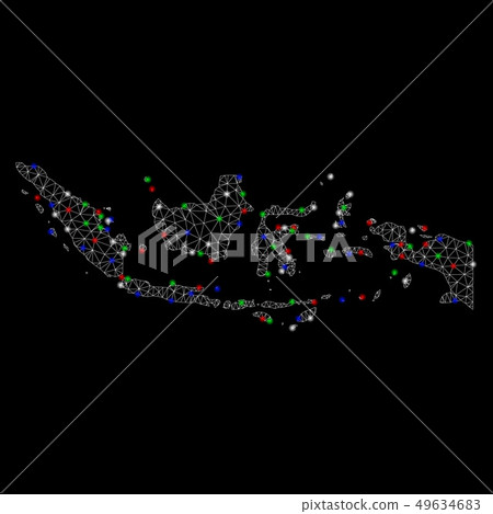 Bright Mesh Carcass Indonesia Map with Light Spots Bright Mesh Carcass Indonesia Map with Light Spots 49634683