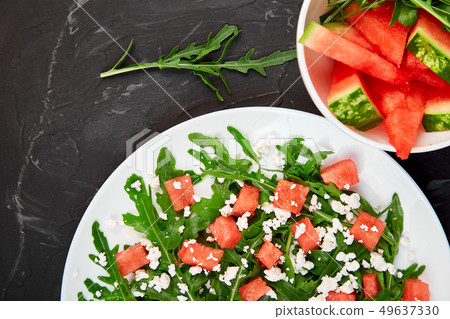 Fresh summer watermelon salad with feta cheese and 49637330