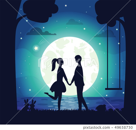 Romantic Atmosphere, Couple Moon and Lake at Nigh 49638730