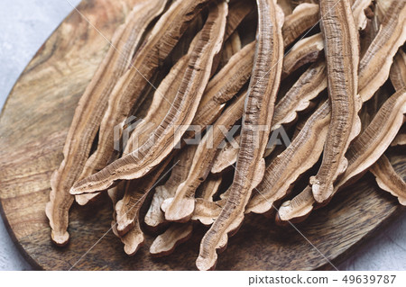 Slices of dried lingzhi mushroom, close up 49639787