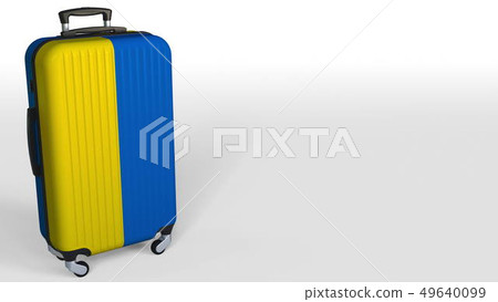 Traveler's suitcase with flag of Ukraine. Ukrainian tourism conceptual 3D rendering, blank space for 49640099