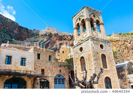 Monemvasia houses and church, Peloponnese, Greece Monemvasia houses and church, Peloponnese, Greece 49640394