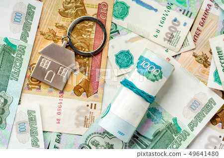 Keychain on the background of russian ruble banknotes 49641480