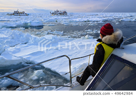 Boat nature cruise. Rausu harbour morning sunrise Boat nature cruise. Rausu harbour morning sunrise 49642984