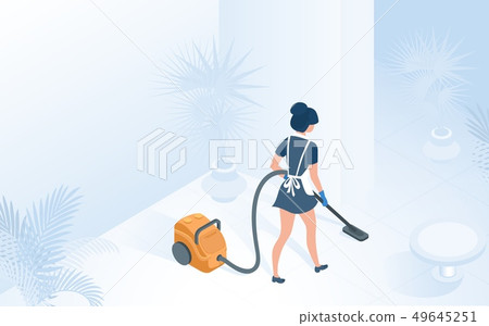 Maid in Uniform Vacuuming Floor in Hotel Hallway - Stock Illustration ...