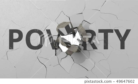 Breaking wall with painted POVERTY word. Conceptual 3D rendering 49647602