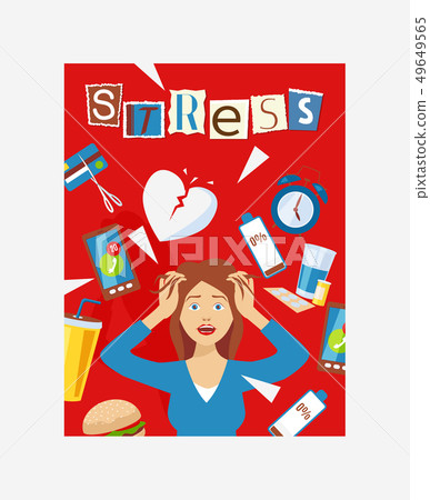 Woman in stress and panic, surrounded by work and stress factors icons vector illustration. Female Woman in stress and panic, surrounded by work and stress factors icons vector illustration. Female 49649565