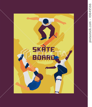 Skateboard boys banner, poster vector illustration. Young guys riding and doing tricks on skate Skateboard boys banner, poster vector illustration. Young guys riding and doing tricks on skate 49649566