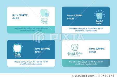 Dentist set of business cards vector illustration. Healthy tooth under protection with glowing Dentist set of business cards vector illustration. Healthy tooth under protection with glowing 49649571