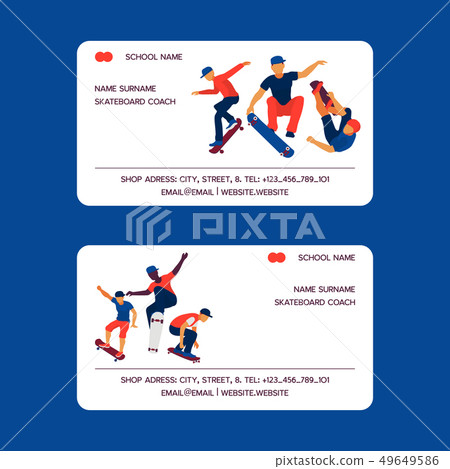Skateboard coach set of business cards vector illustration. Teenagers riding and doing tricks on Skateboard coach set of business cards vector illustration. Teenagers riding and doing tricks on 49649586