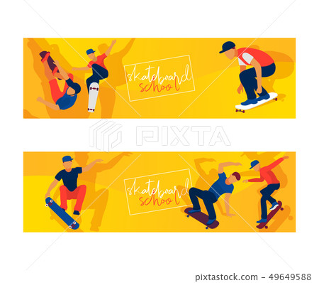 Skateboard boys set of banners vector illustration. Young guys riding and doing tricks on skate Skateboard boys set of banners vector illustration. Young guys riding and doing tricks on skate 49649588