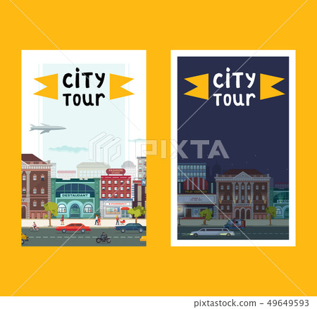 City tour set of banners, posters vector illustration. Day night town. Busy street with buildings 49649593