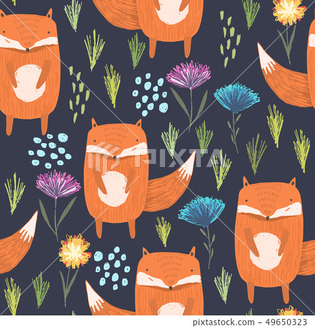 Dark pattern with bright foxes and flowers 49650323