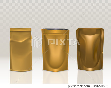 Golden paper or foil food bag package set isolated 49650860
