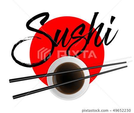 Creative illustration of sushi food chopsticks set with soy sauce isolated on background. Art design 49652230