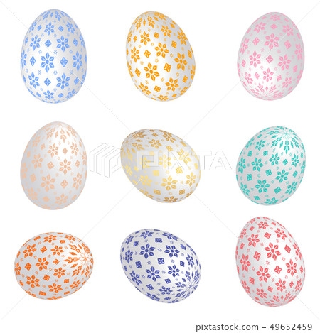 Set of realistic 3D Easter eggs of pastel shades with flower patterns. 49652459