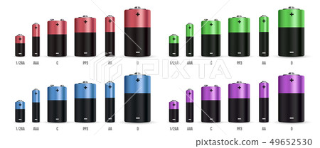 Creative illustration of realistic alkaline battery set with diffrent size isolated on background Creative illustration of realistic alkaline battery set with diffrent size isolated on background 49652530