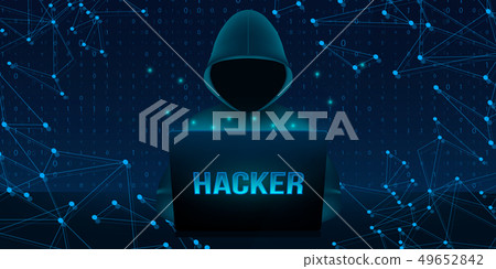 Creative illustration of computer hacker with hoodie and dark obscured face, pc laptop on background Creative illustration of computer hacker with hoodie and dark obscured face, pc laptop on background 49652842