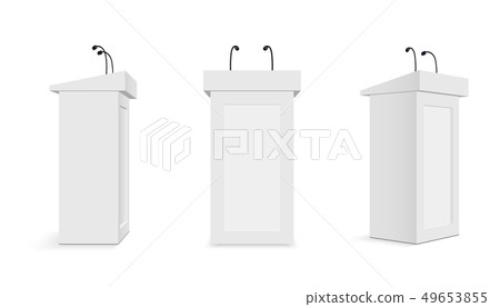 Creative illustration of podium tribune with microphones isolated on background. Art design rostrum 49653855