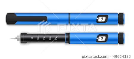 Creative illustration of insuline pens equipment and glucose level blood test for diabetics on 49654383