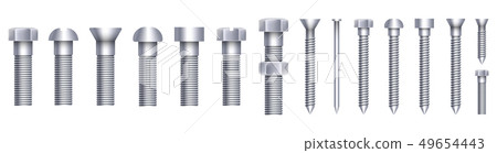 Creative illustration of steel brass bolts, metal screws, iron nails, rivets, washers, nuts hardware 49654443