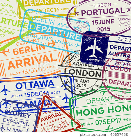 Creative illustration of international business travel visa passport stamp set isolated on 49657468