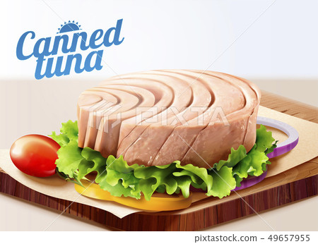 Canned tuna on chopping board 49657955