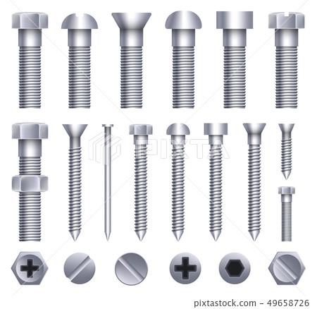 Creative illustration of steel brass bolts, metal screws, iron nails, rivets, washers, nuts hardware 49658726