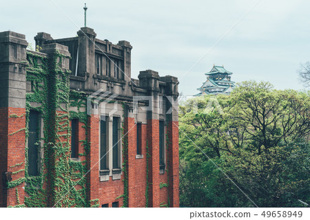 old building with red brick wall full of vine old building with red brick wall full of vine 49658949