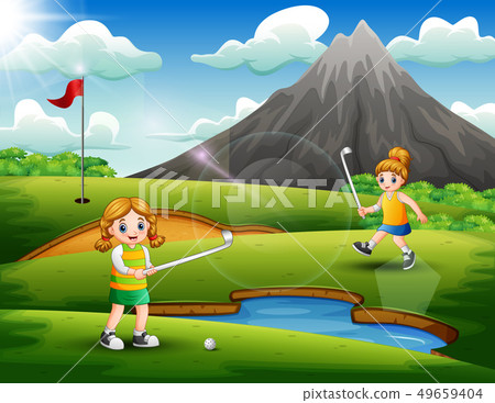 Cute girls playing golf in the court Cute girls playing golf in the court 49659404