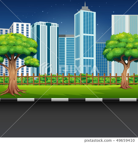 City park landscape with road and cityscape City park landscape with road and cityscape 49659410