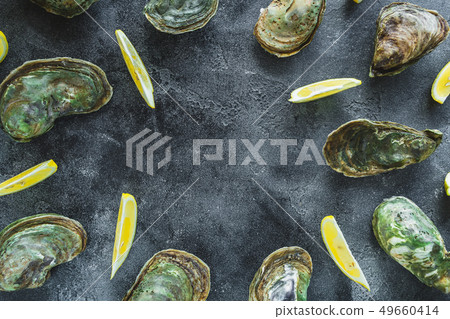 Oysters with limes on dark background 49660414