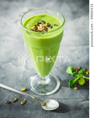 Healthy green smoothie with spinach, banana 49660419