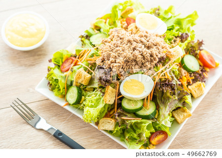 Tuna meat and eggs with fresh vegetable salad Tuna meat and eggs with fresh vegetable salad 49662769