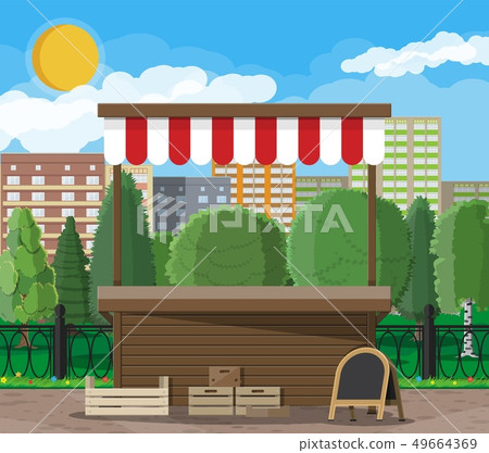 Market food stall with crates, chalk board 49664369